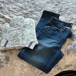 Blue Denim Jeans and Rabbit Print Oven Mitts